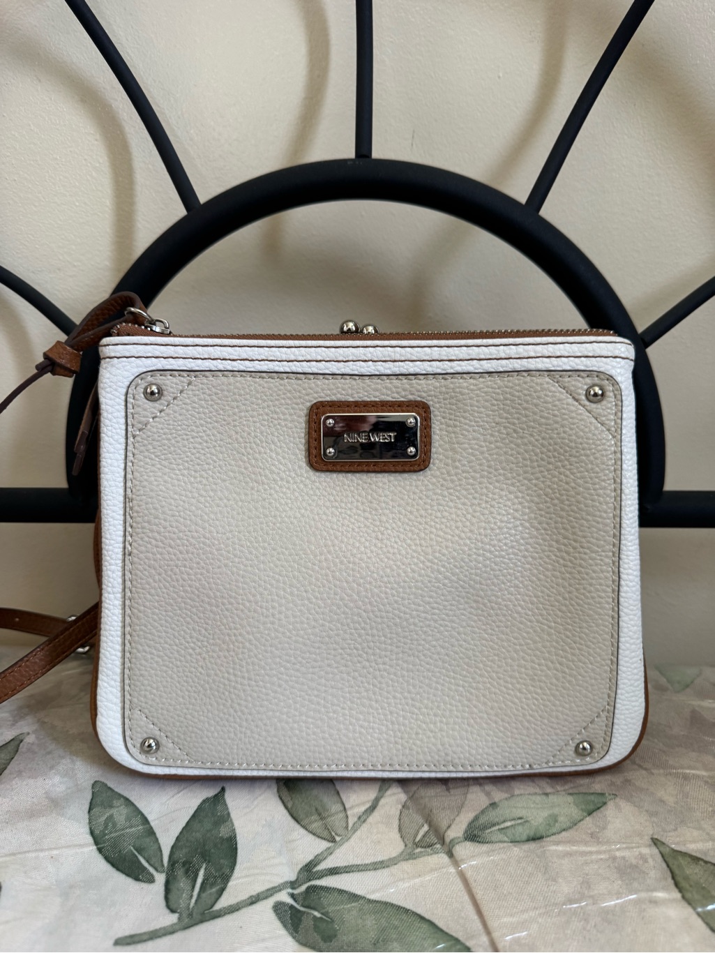 Nine West Cream And Brown Pebbled Crossbody With Silver Plate